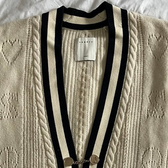 Sandro Pointelle Cardigan Oversized Ivory Navy Blue Gold Closure XL (4) - Picture 3 of 6